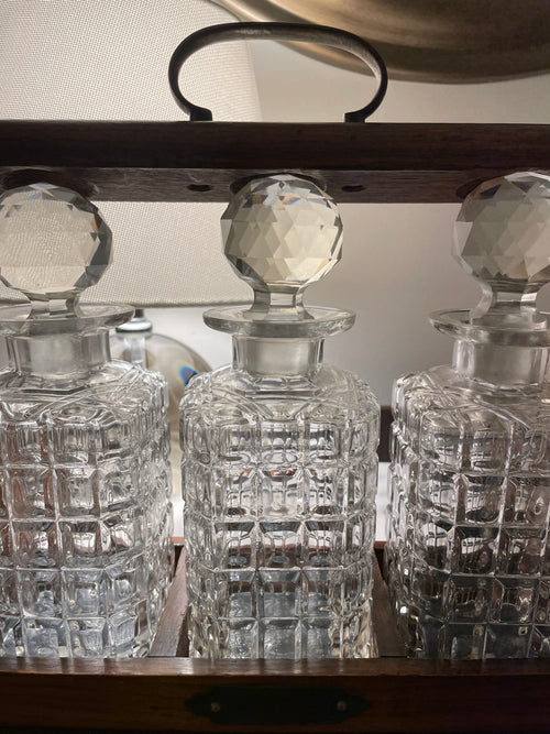 Antique Oak Tantalus with Three Original Crystal Decanters, c. Late 1800s