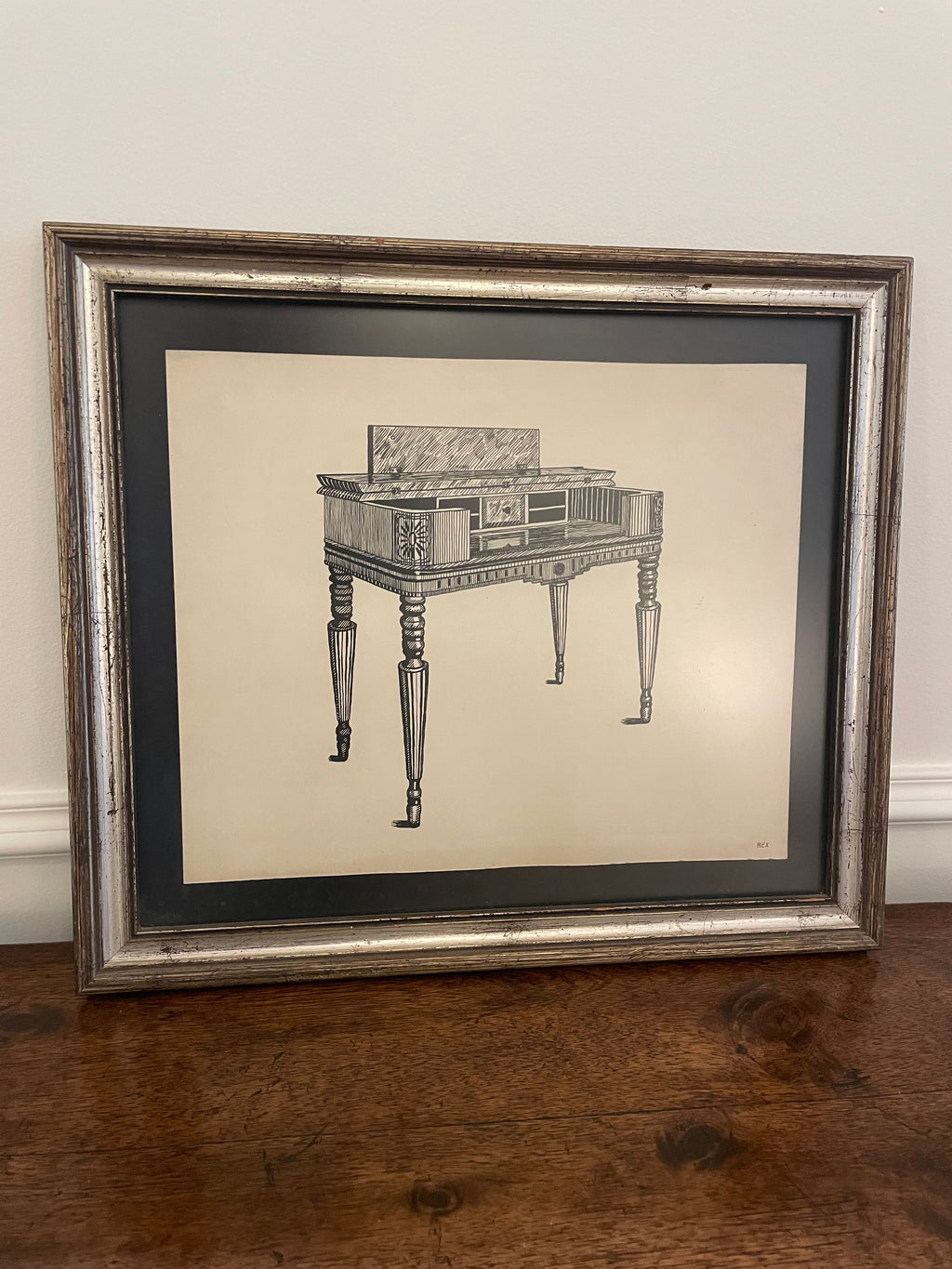 Vintage Pen & Ink Drawing of an Antique Writing Desk, Signed Rex