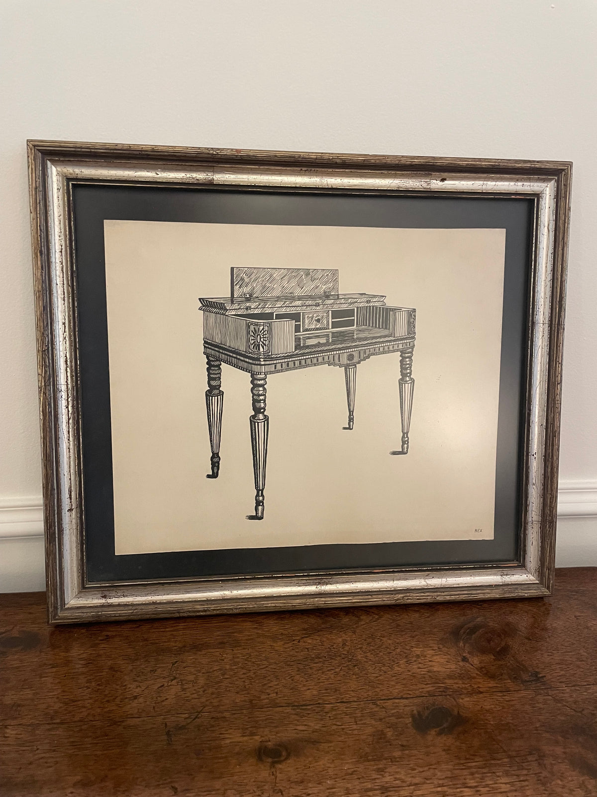 Vintage Pen & Ink Drawing of an Antique Writing Desk, Signed Rex