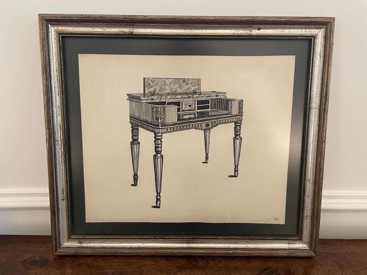 Vintage Pen & Ink Drawing of an Antique Writing Desk, Signed Rex
