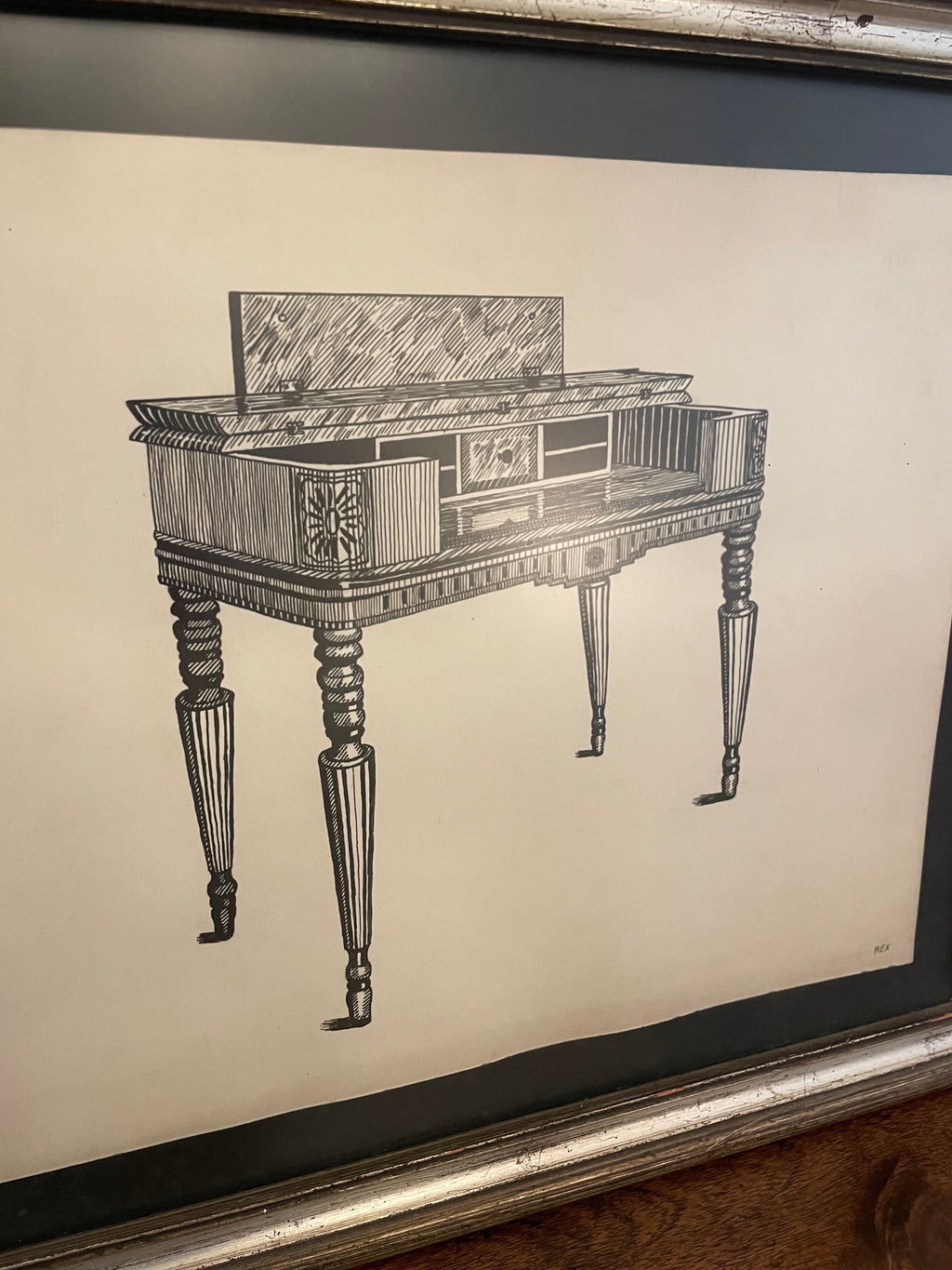 Vintage Pen & Ink Drawing of an Antique Writing Desk, Signed Rex