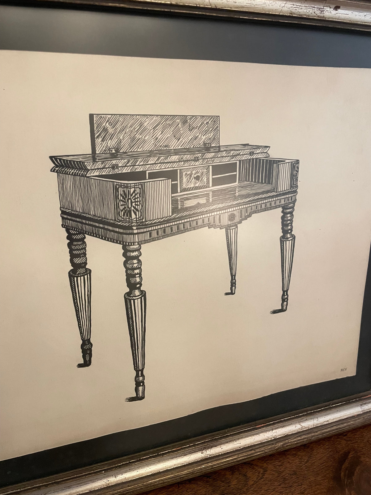 Vintage Pen & Ink Drawing of an Antique Writing Desk, Signed Rex
