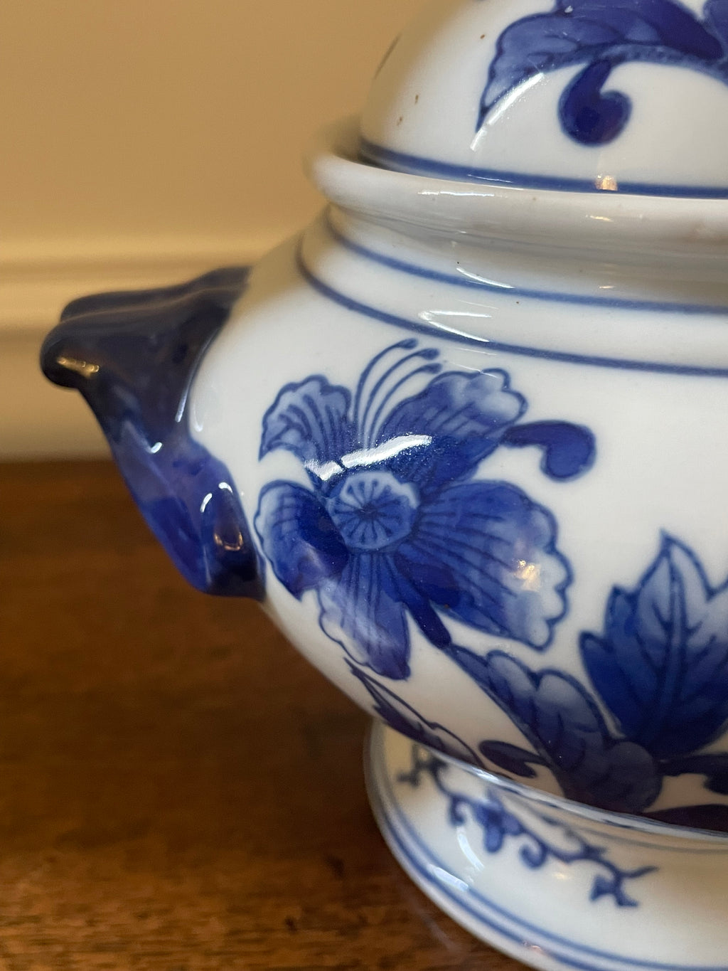 Vintage Chinese Blue & White Porcelain Covered Jar, Late 20th Century