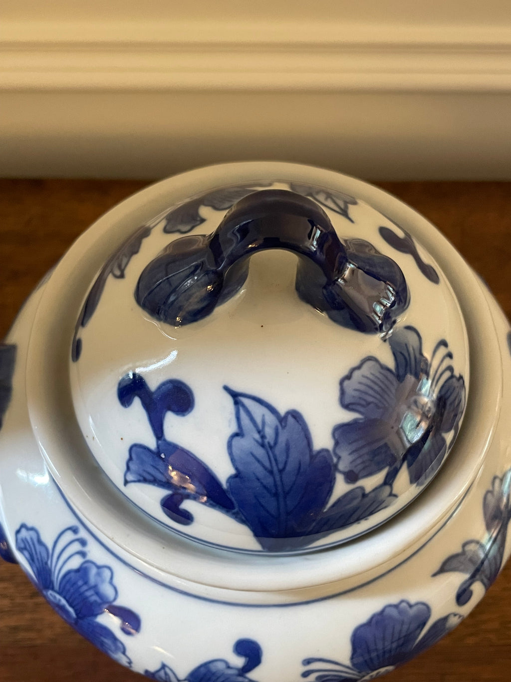 Vintage Chinese Blue & White Porcelain Covered Jar, Late 20th Century