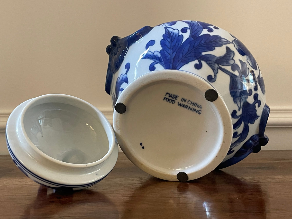 Vintage Chinese Blue & White Porcelain Covered Jar, Late 20th Century
