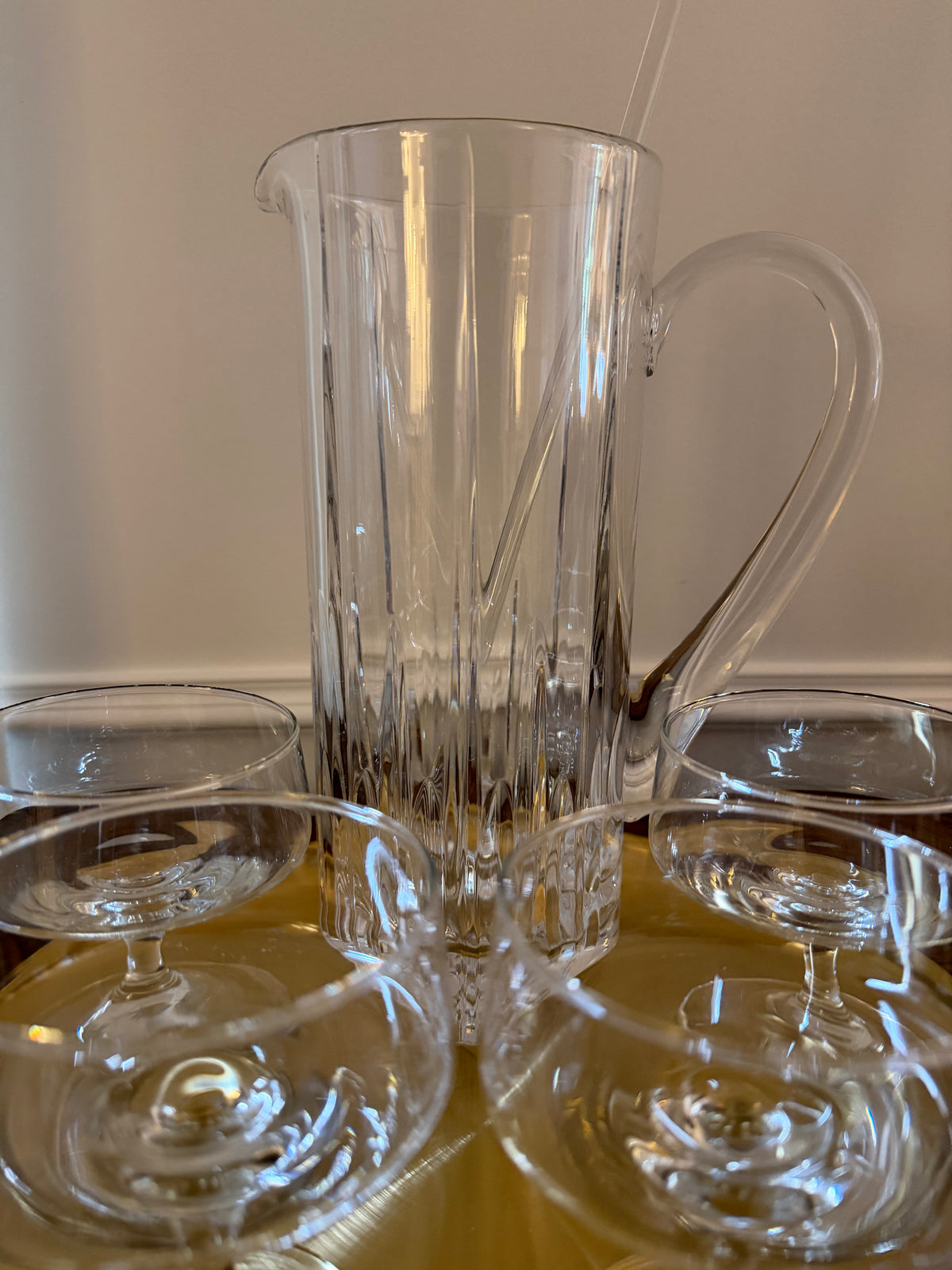 Vintage Crystal Martini Pitcher, Hand-blown Coupes (4), Hand-blown Glass Cocktail Stirrer Set