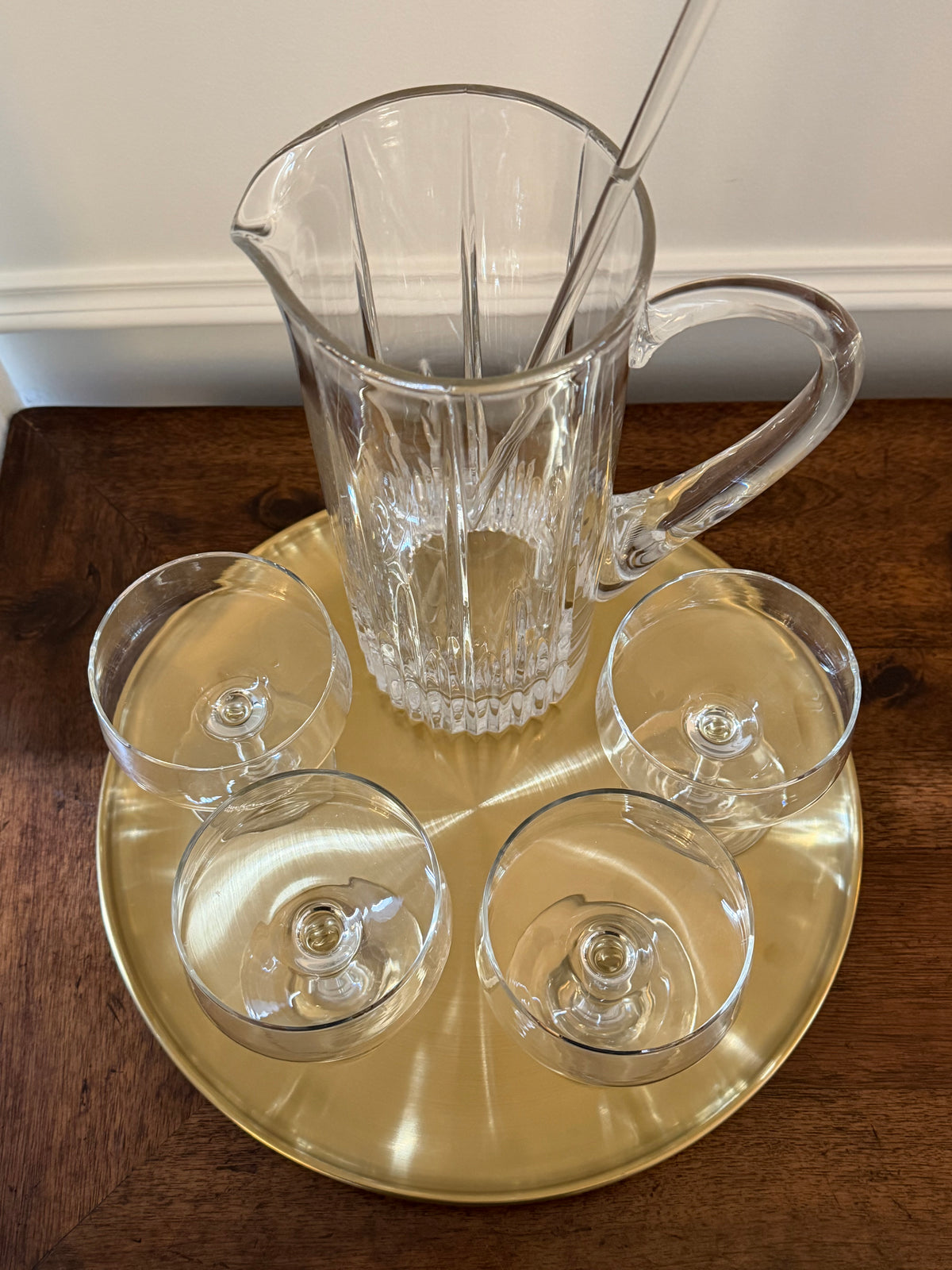 Vintage Crystal Martini Pitcher, Hand-blown Coupes (4), Hand-blown Glass Cocktail Stirrer Set