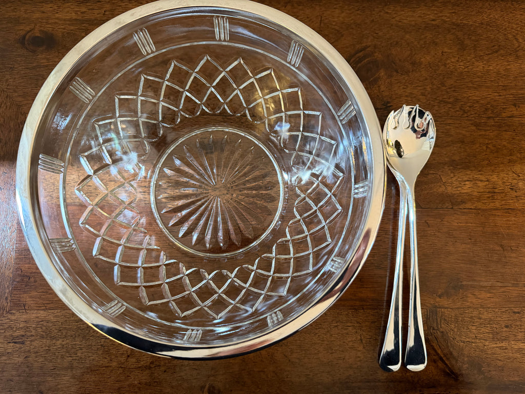 Vintage Italian Crystal & Silverplate Serving Bowl with Utensils