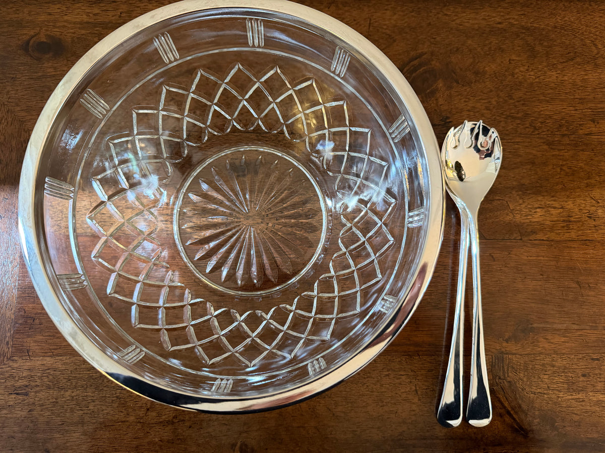 Vintage Italian Crystal & Silverplate Serving Bowl with Utensils