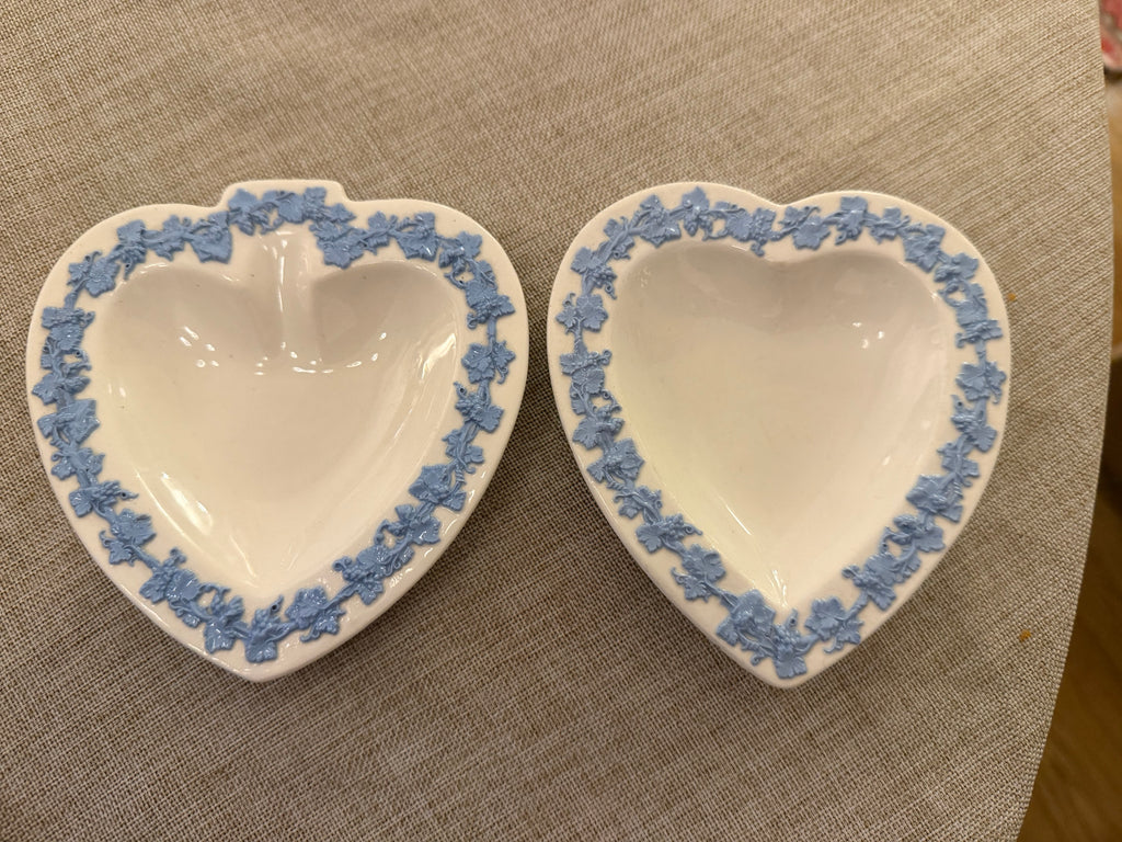 Vintage Wedgwood Embossed Queen’s Ware Lavender on Cream Heart Dishes, Pair, c 1940's-1960's