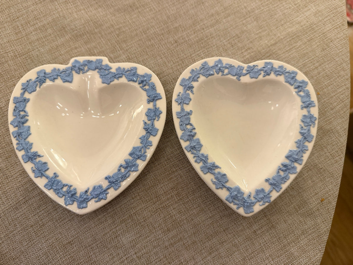 Vintage Wedgwood Embossed Queen’s Ware Lavender on Cream Heart Dishes, Pair, c 1940's-1960's