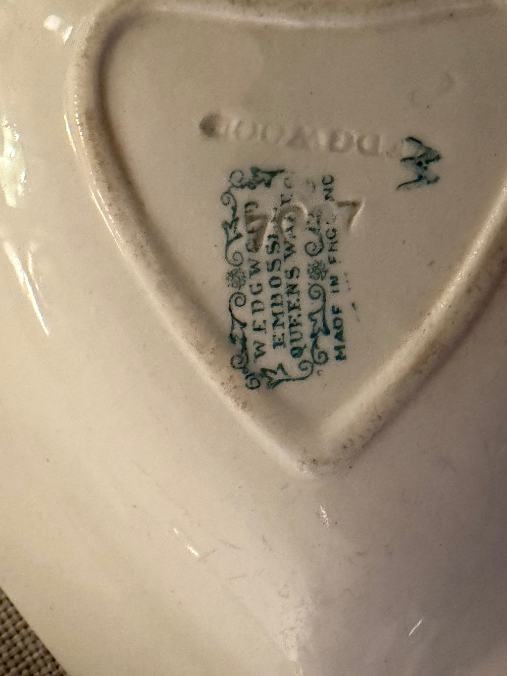 Vintage Wedgwood Embossed Queen’s Ware Lavender on Cream Heart Dishes, Pair, c 1940's-1960's
