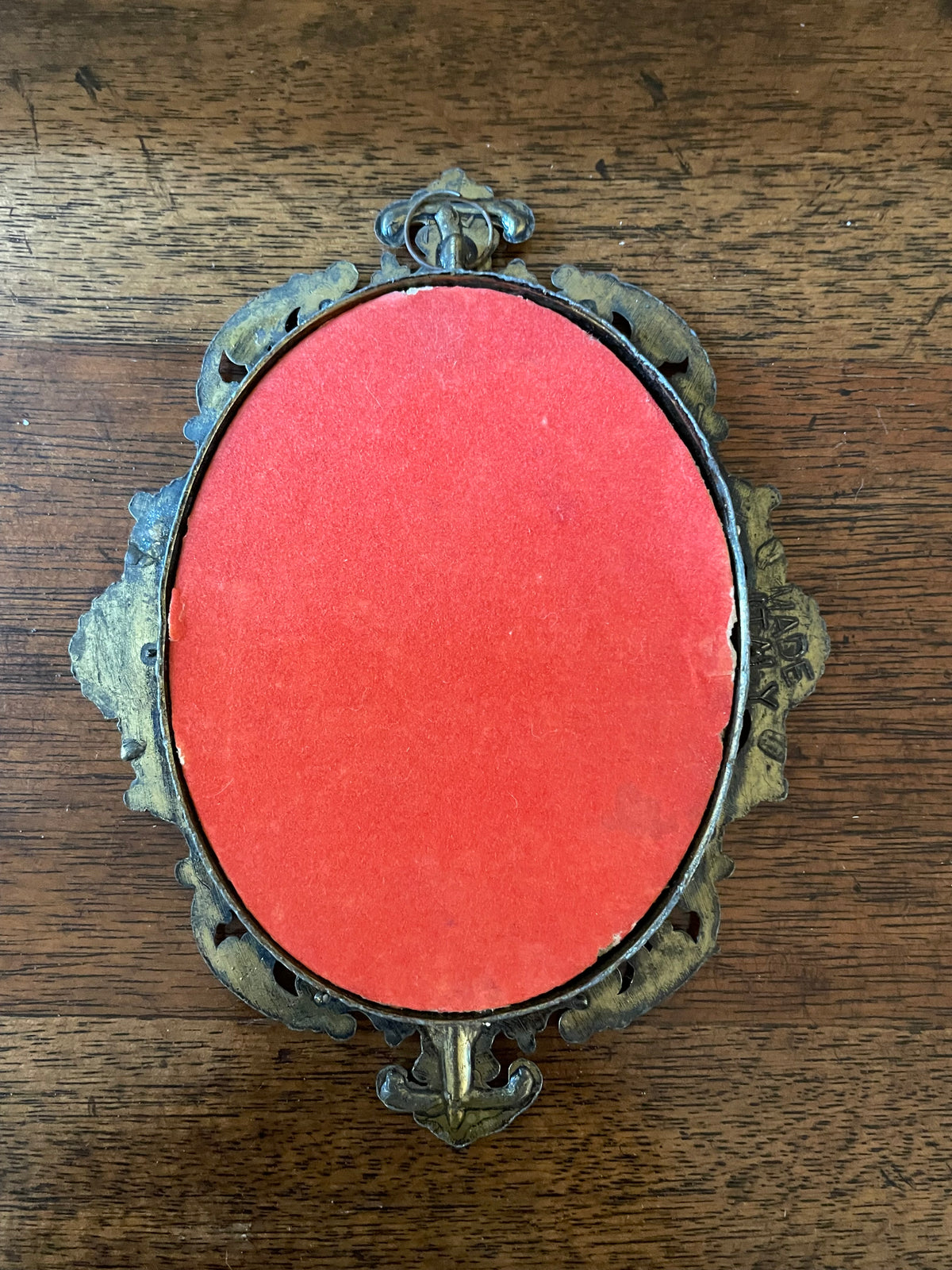 Vintage Italian Ornate Brass Oval Frame with Floral Still Life, c. 1960's