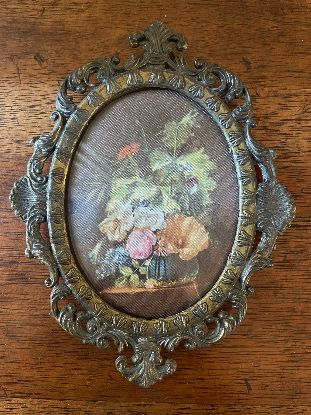 Vintage Italian Ornate Brass Oval Frame with Floral Still Life, c. 1960's
