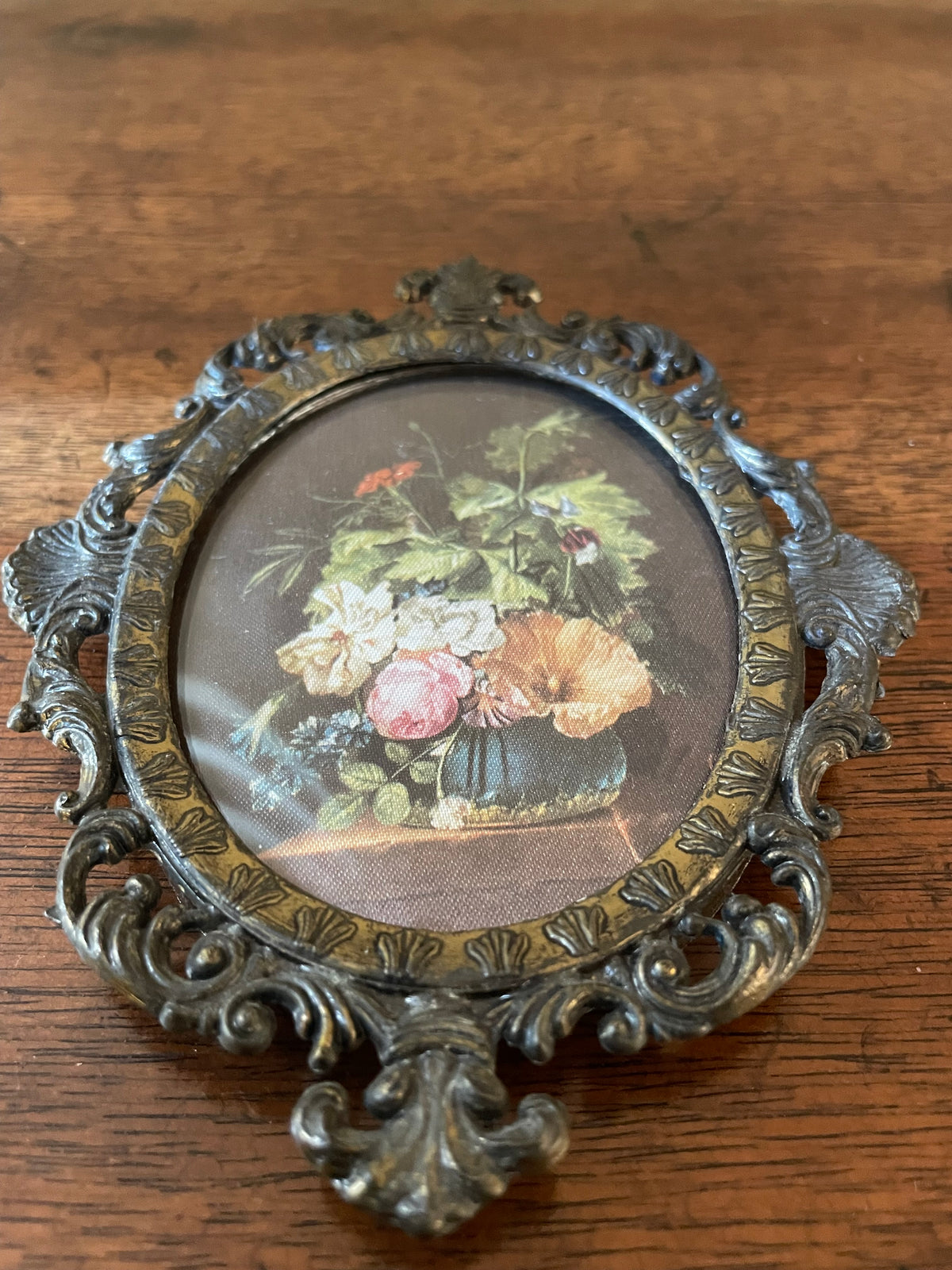 Vintage Italian Ornate Brass Oval Frame with Floral Still Life, c. 1960's