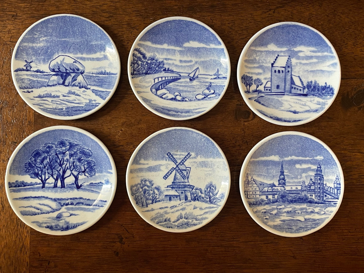 Set of 6 Vintage Rörstrand Sweden Blue & White Miniature Scenic Plates, c. 1960s–70s