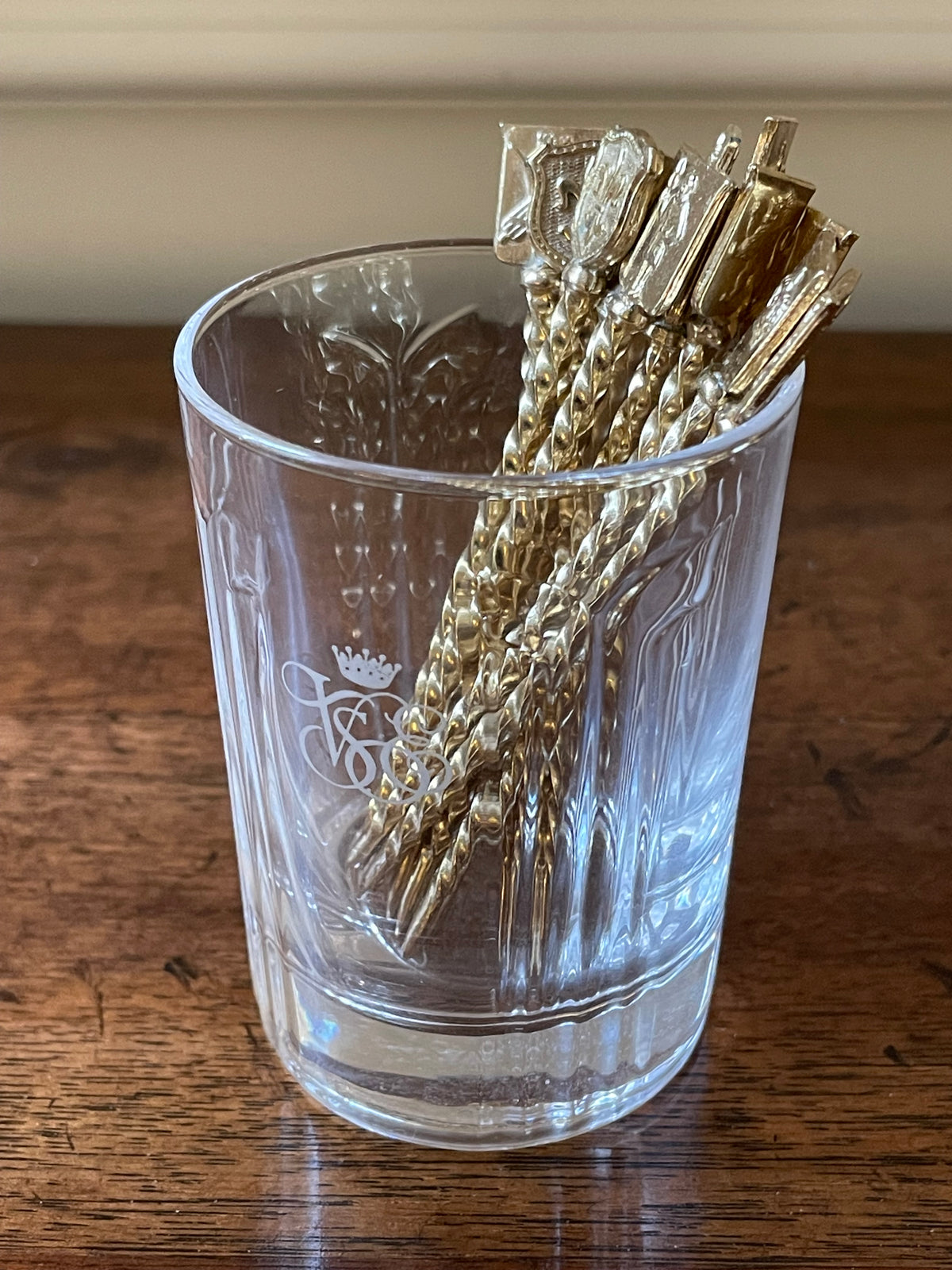 Set of 12 Vintage Gold-Dipped Heraldic Cocktail Picks, c. 1950's-60's