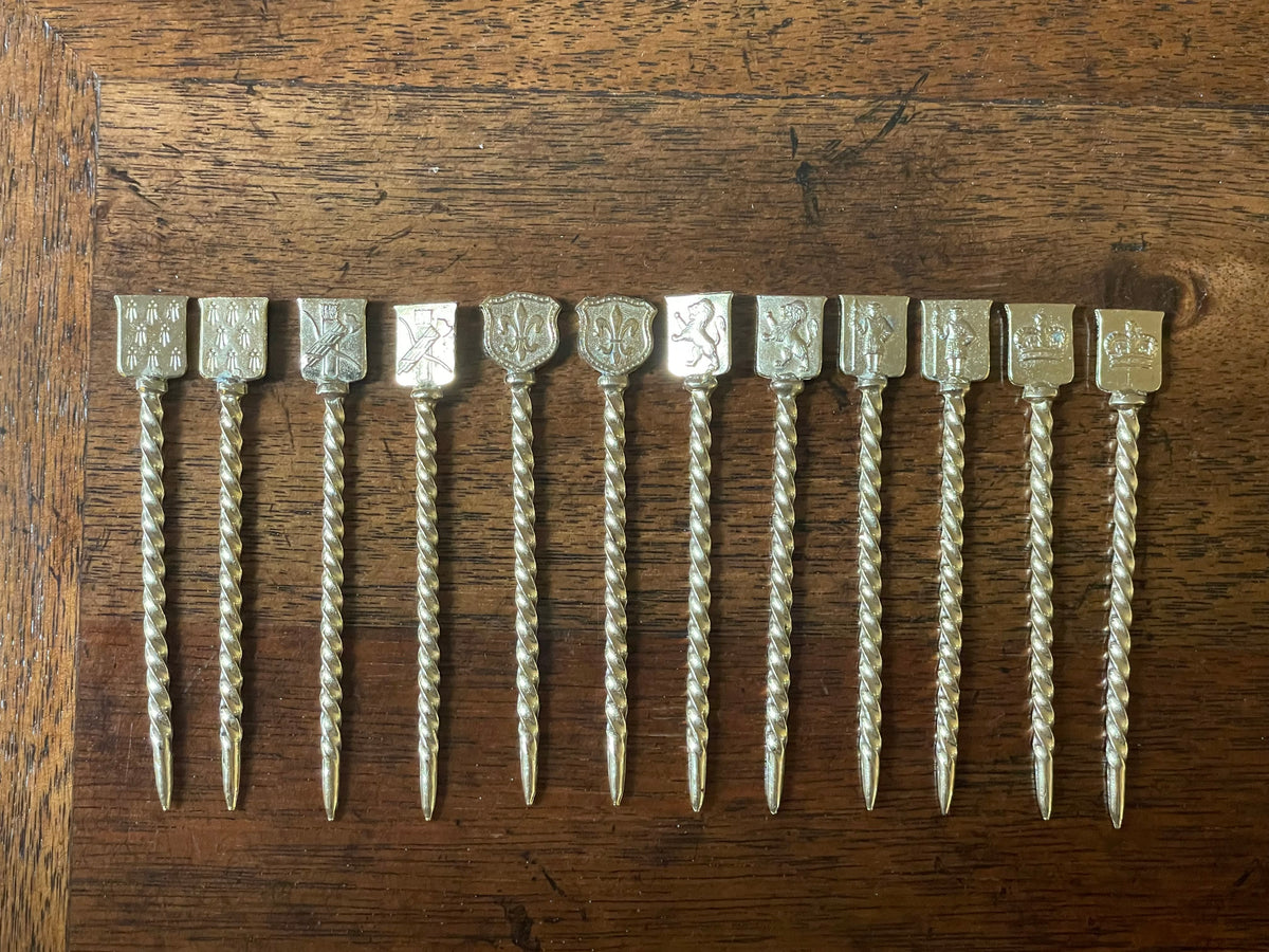 Set of 12 Vintage Gold-Dipped Heraldic Cocktail Picks, c. 1950's-60's