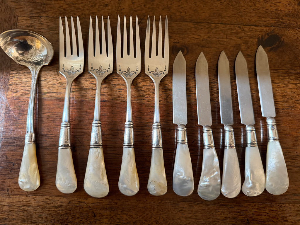 Antique Mother-of-Pearl Flatware with Sterling Collars, Set of 10