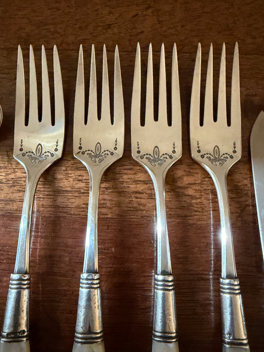 Antique Mother-of-Pearl Flatware with Sterling Collars, Set of 10