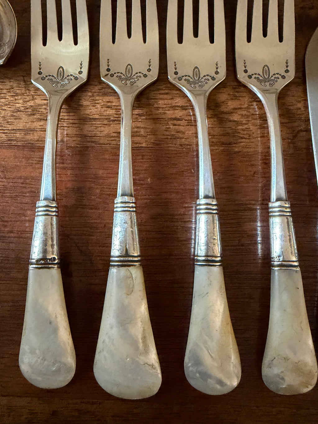 Antique Mother-of-Pearl Flatware with Sterling Collars, Set of 10