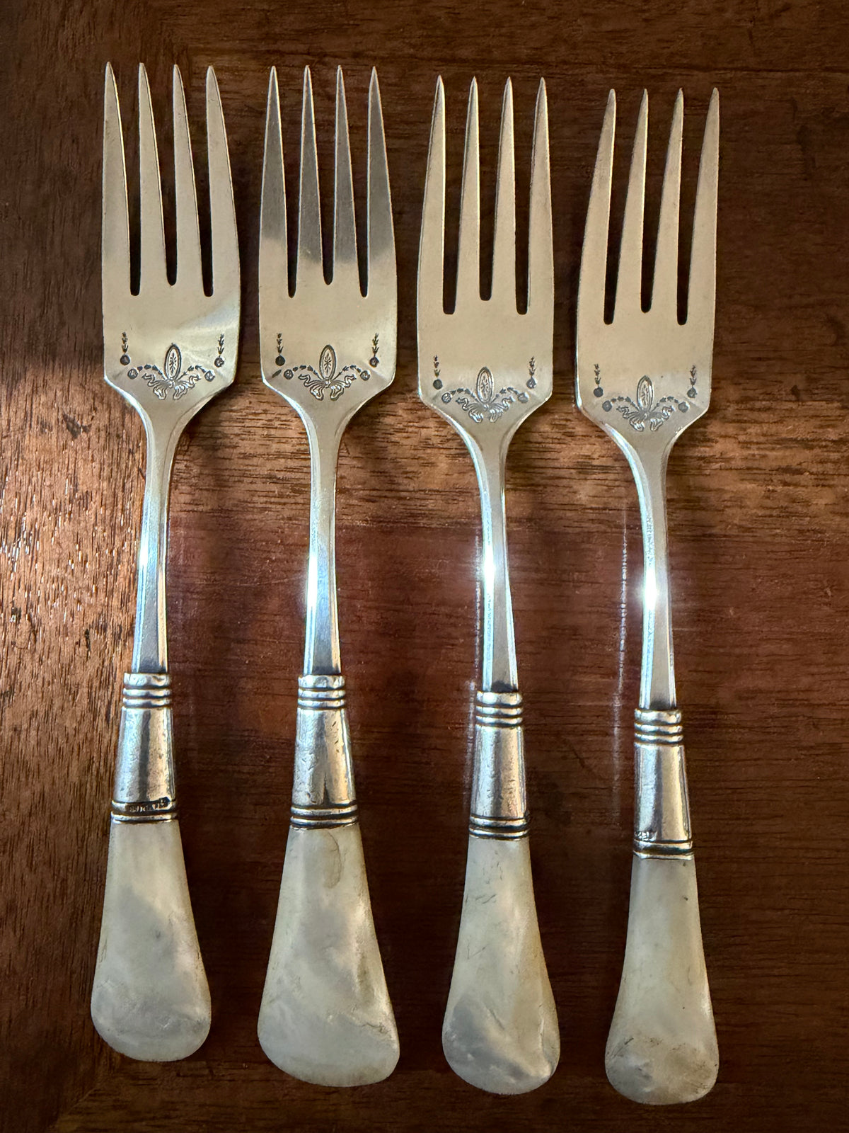 Antique Mother-of-Pearl Flatware with Sterling Collars, Set of 10