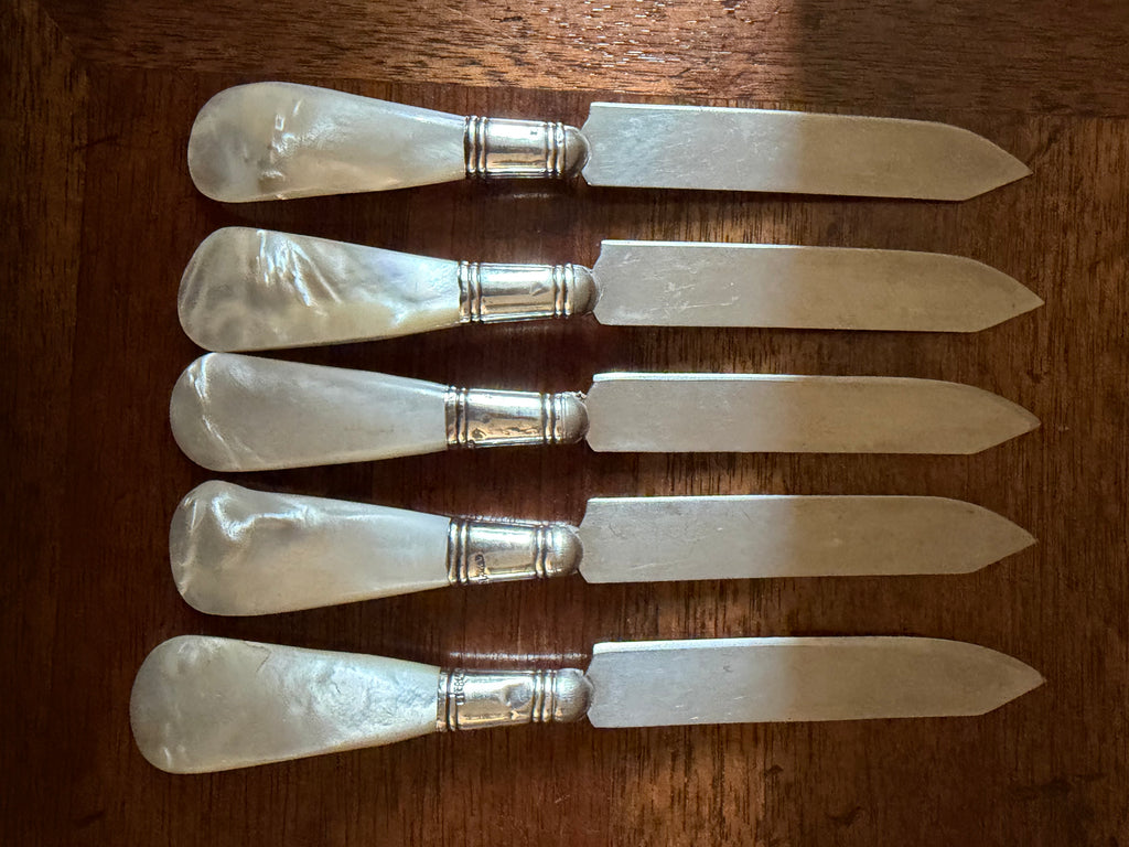 Antique Mother-of-Pearl Flatware with Sterling Collars, Set of 10