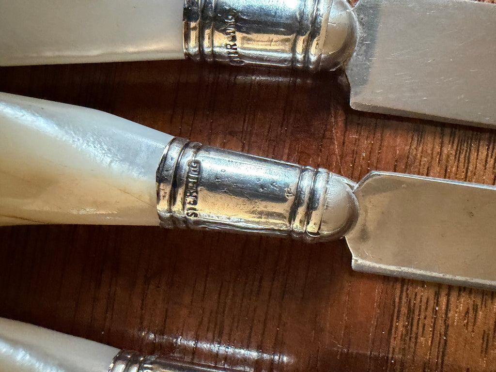 Antique Mother-of-Pearl Flatware with Sterling Collars, Set of 10