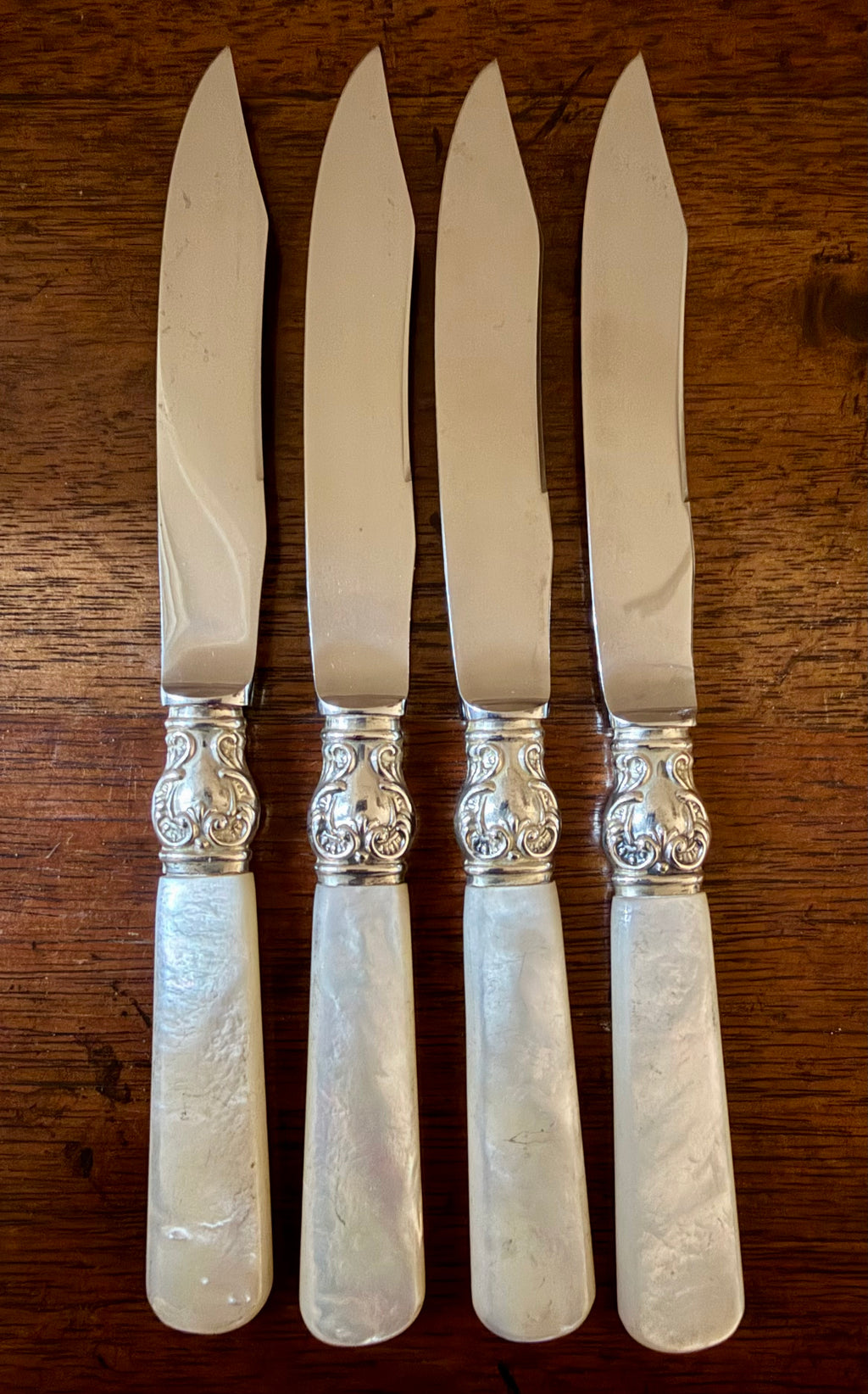 Vintage Mother-of-Pearl Knives with Sterling Collars, Set of 4