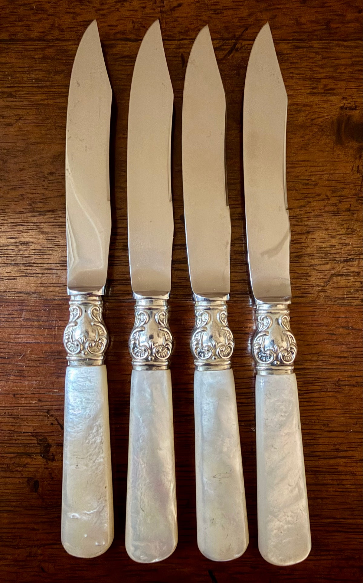 Vintage Mother-of-Pearl Knives with Sterling Collars, Set of 4