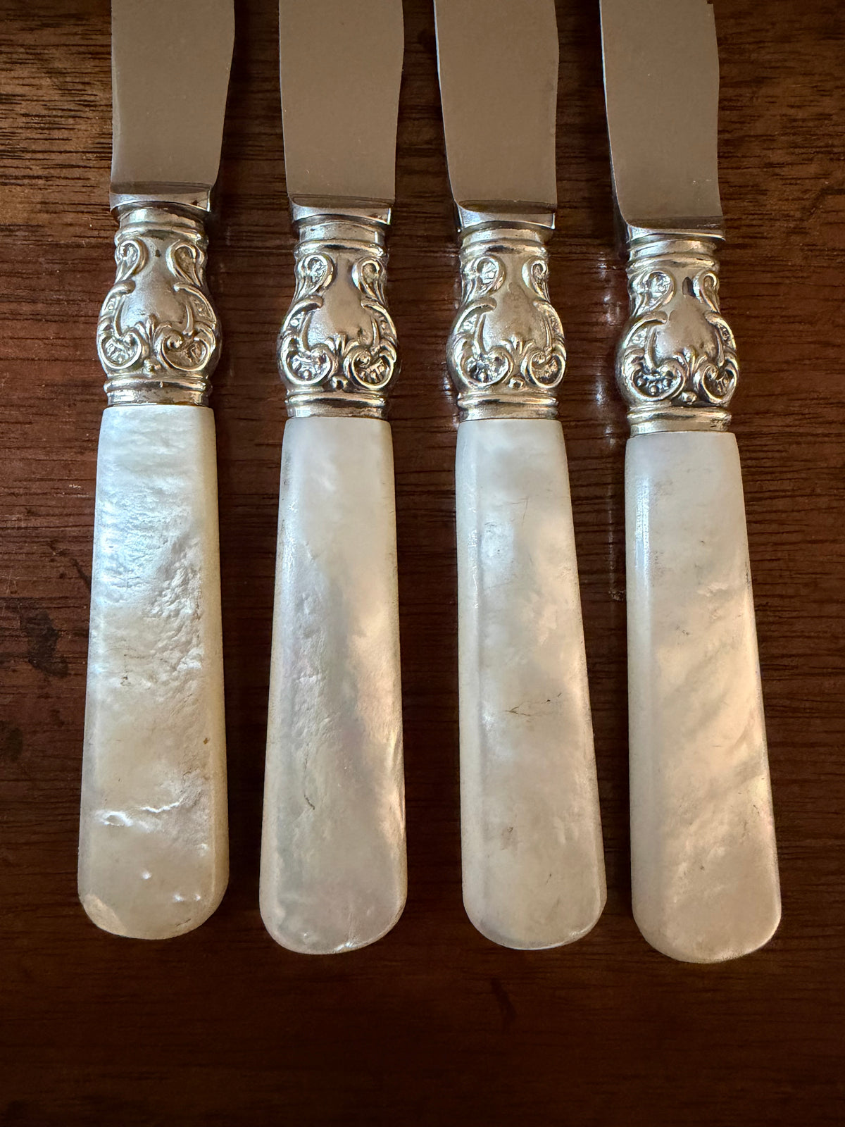 Vintage Mother-of-Pearl Knives with Sterling Collars, Set of 4