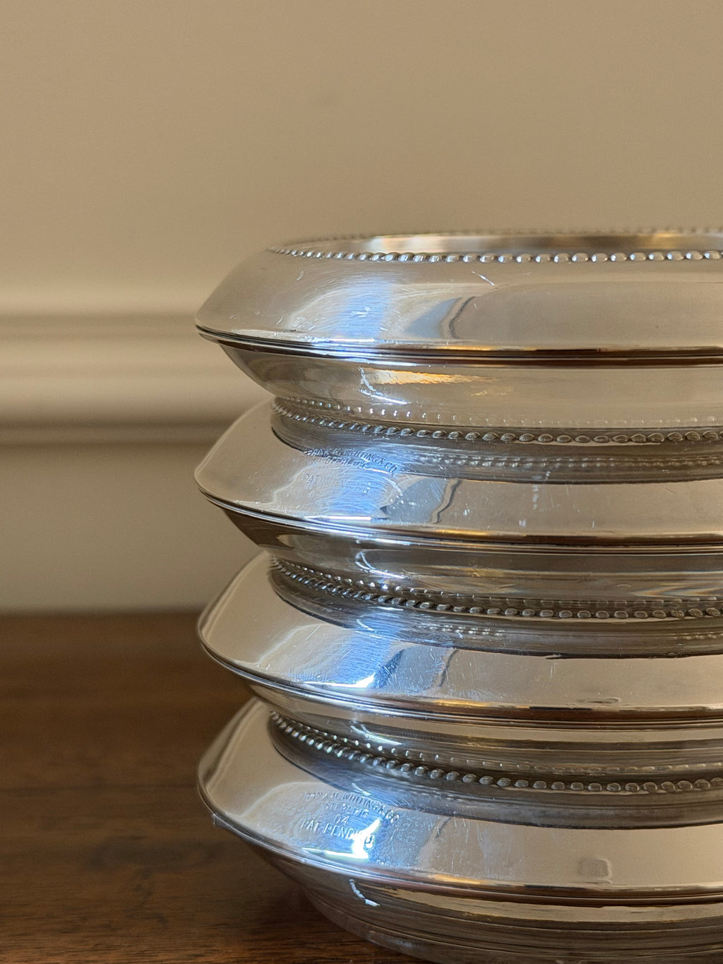 Vintage Frank M. Whiting Sterling Silver & Starburst Glass Coasters, Set of Four
