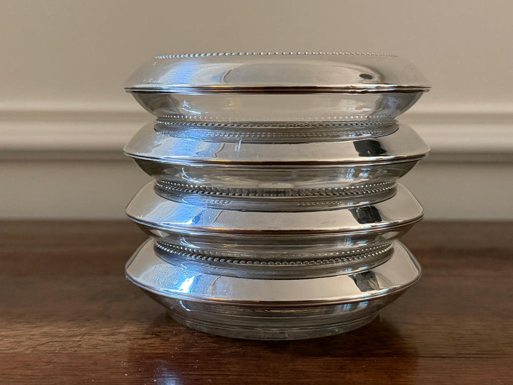 Vintage Frank M. Whiting Sterling Silver & Starburst Glass Coasters, Set of Four