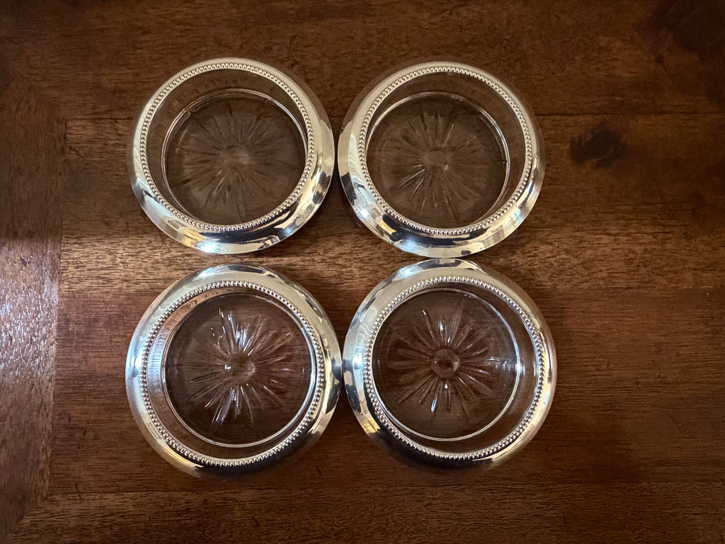 Vintage Frank M. Whiting Sterling Silver & Starburst Glass Coasters, Set of Four