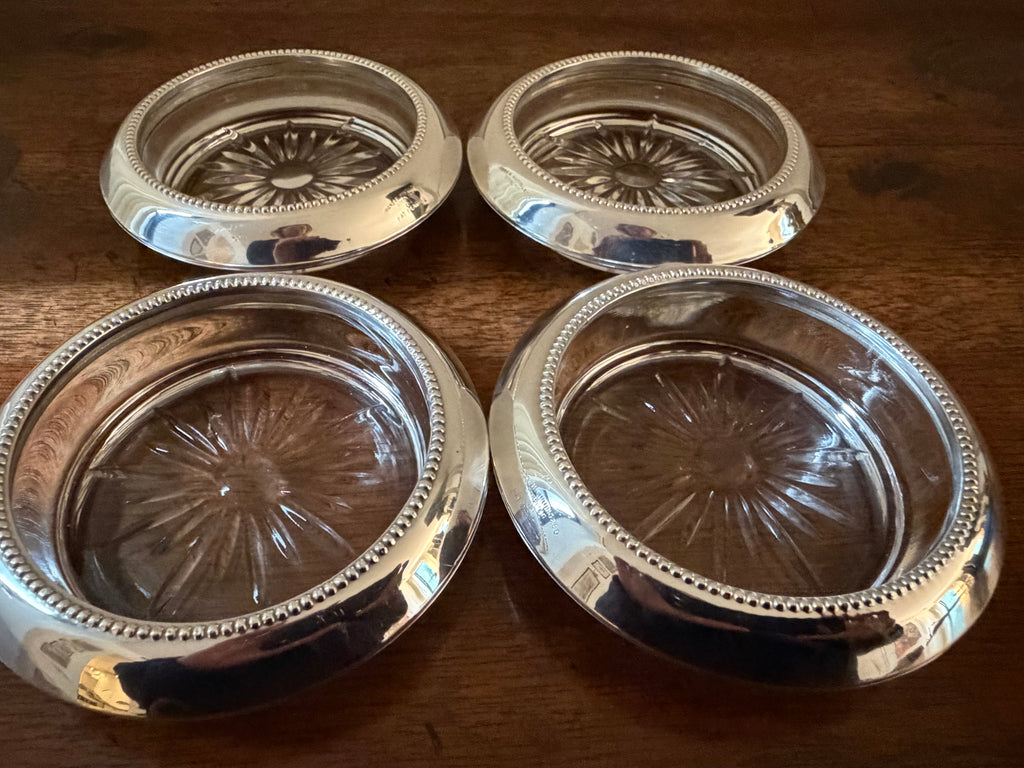 Vintage Frank M. Whiting Sterling Silver & Starburst Glass Coasters, Set of Four