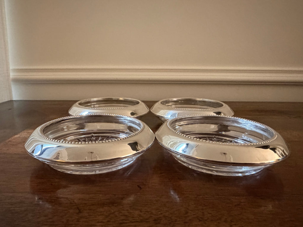 Vintage Frank M. Whiting Sterling Silver & Starburst Glass Coasters, Set of Four