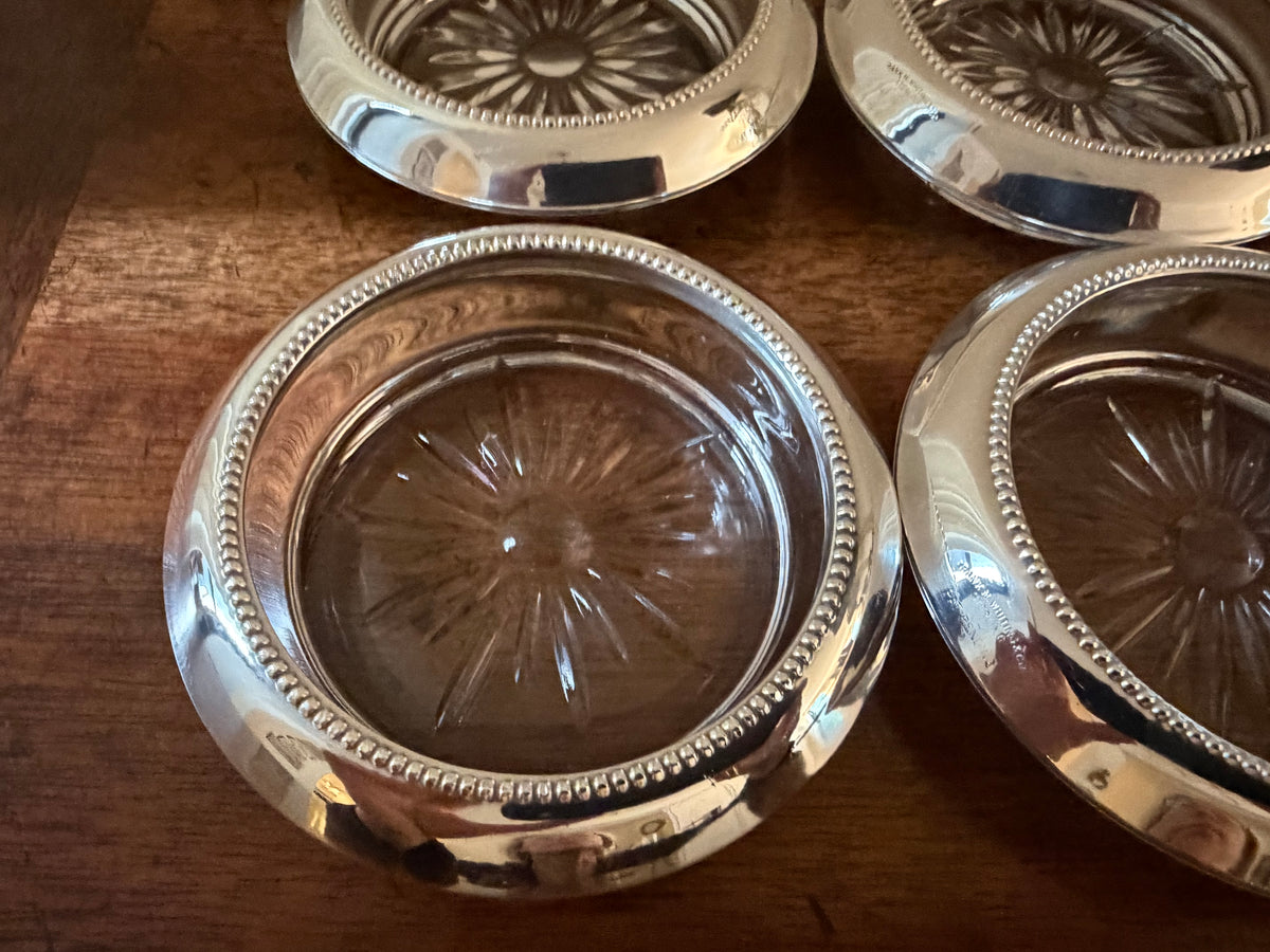 Vintage Frank M. Whiting Sterling Silver & Starburst Glass Coasters, Set of Four