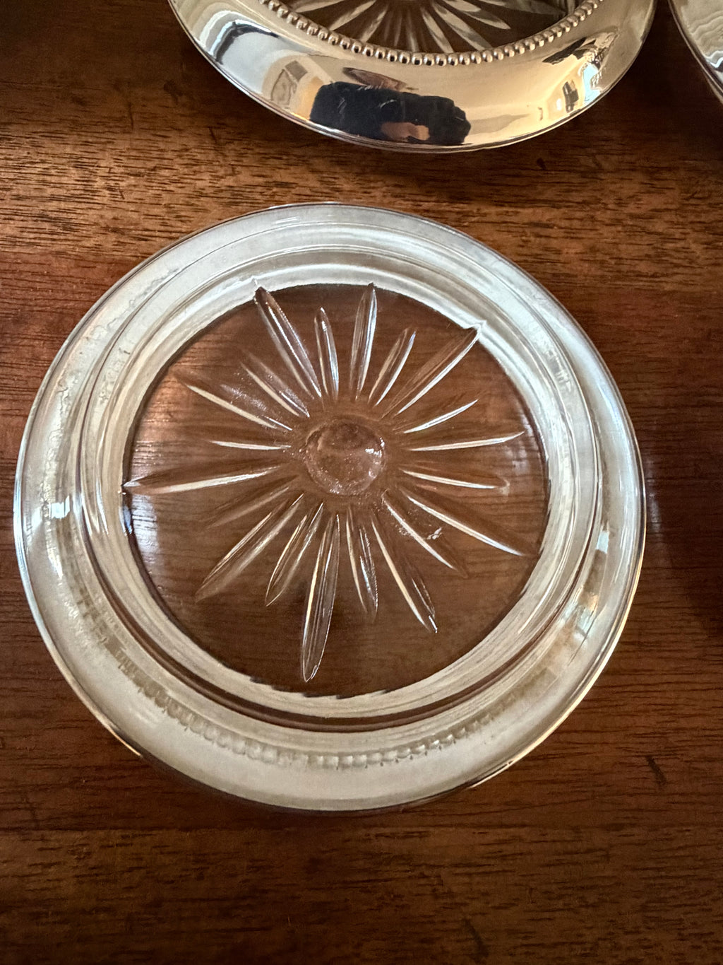 Vintage Frank M. Whiting Sterling Silver & Starburst Glass Coasters, Set of Four