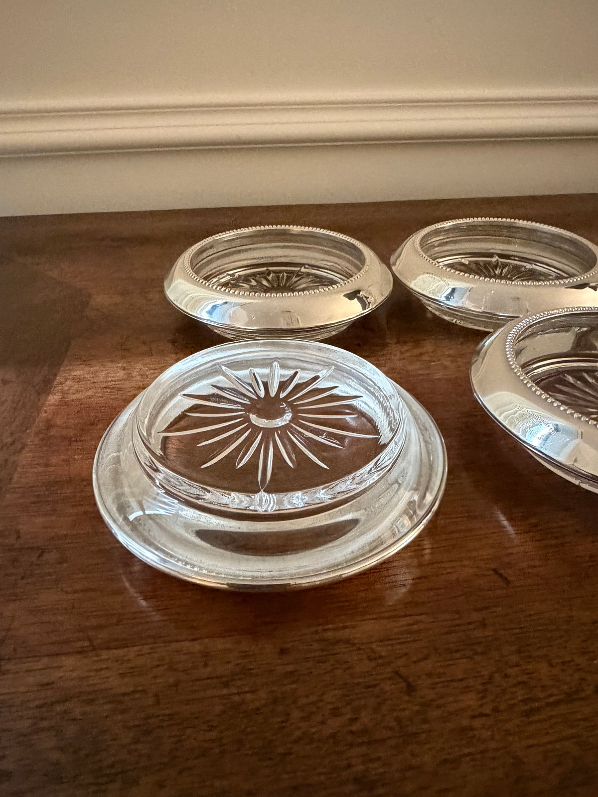 Vintage Frank M. Whiting Sterling Silver & Starburst Glass Coasters, Set of Four