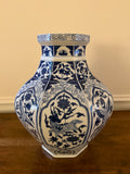 Large Vintage Chinese Blue & White Octagonal Porcelain Vase