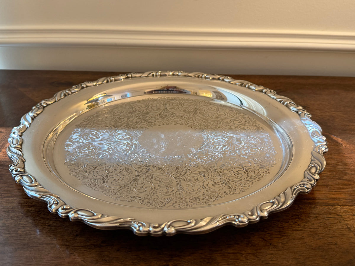 Vintage Silverplate Engraved Round Serving Tray