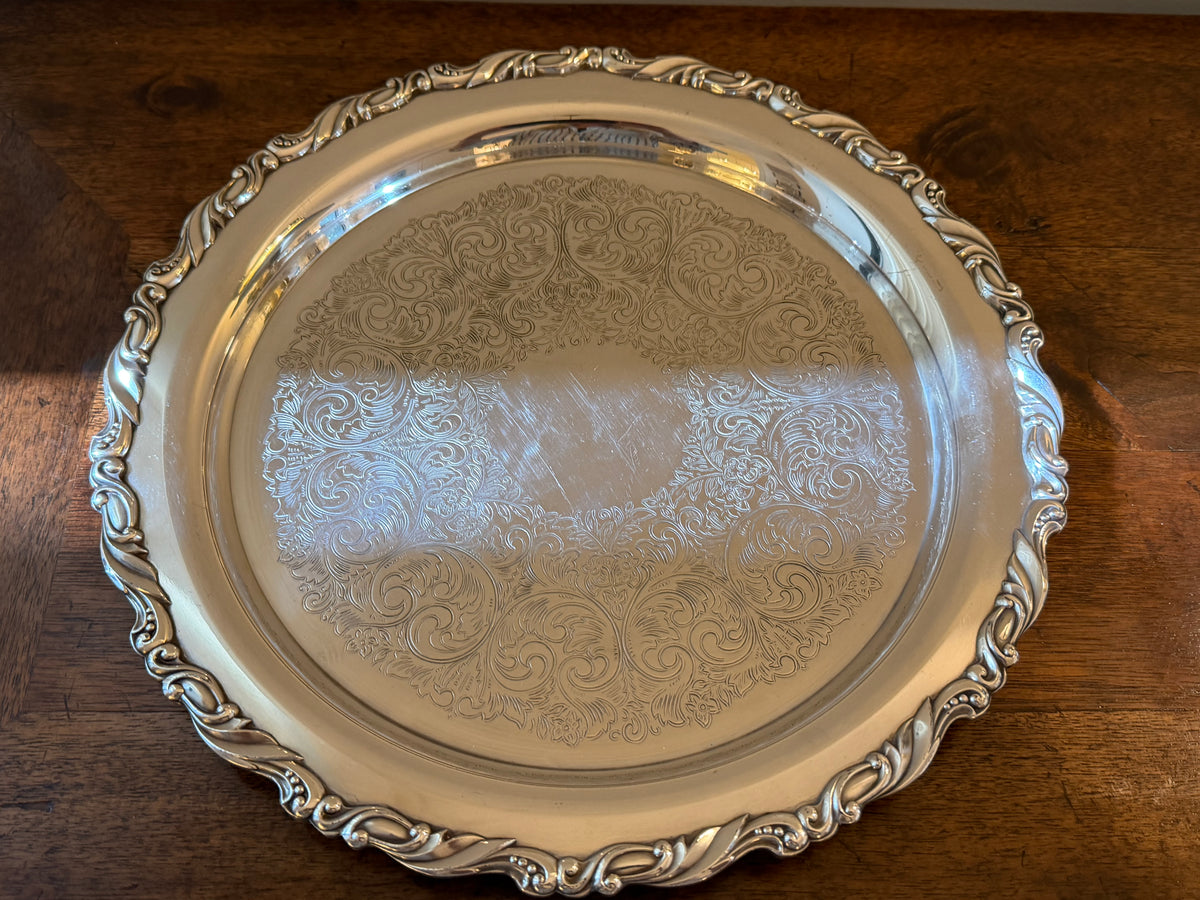 Vintage Silverplate Engraved Round Serving Tray