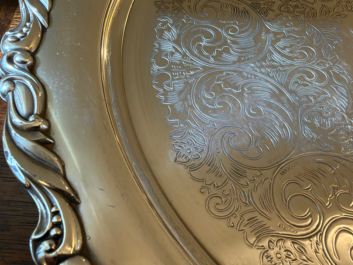 Vintage Silverplate Engraved Round Serving Tray