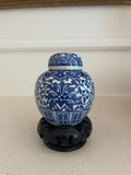 Vintage Blue & White Mini Ginger Jar with Wood Stand