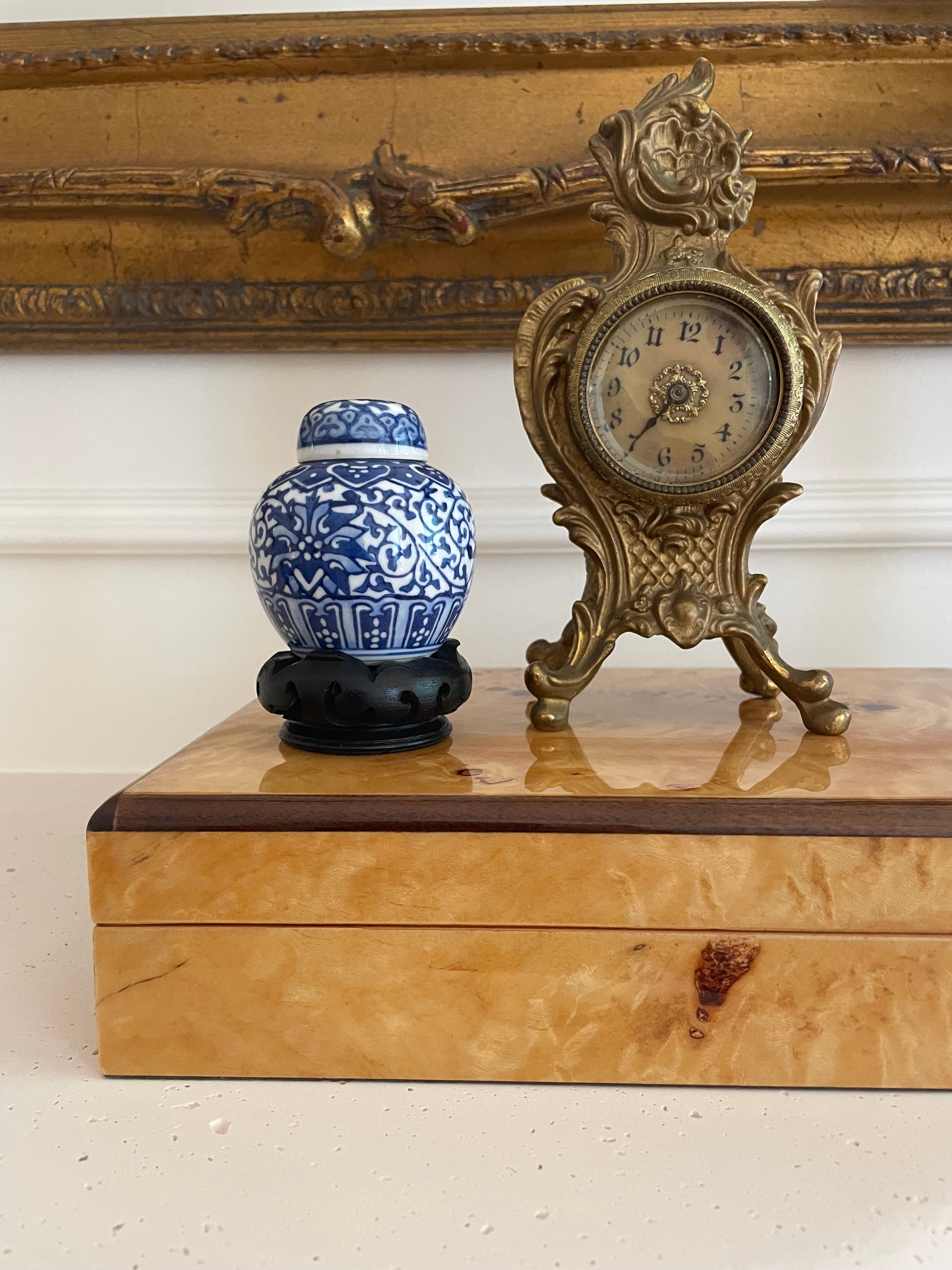 Vintage Blue & White Mini Ginger Jar with Wood Stand