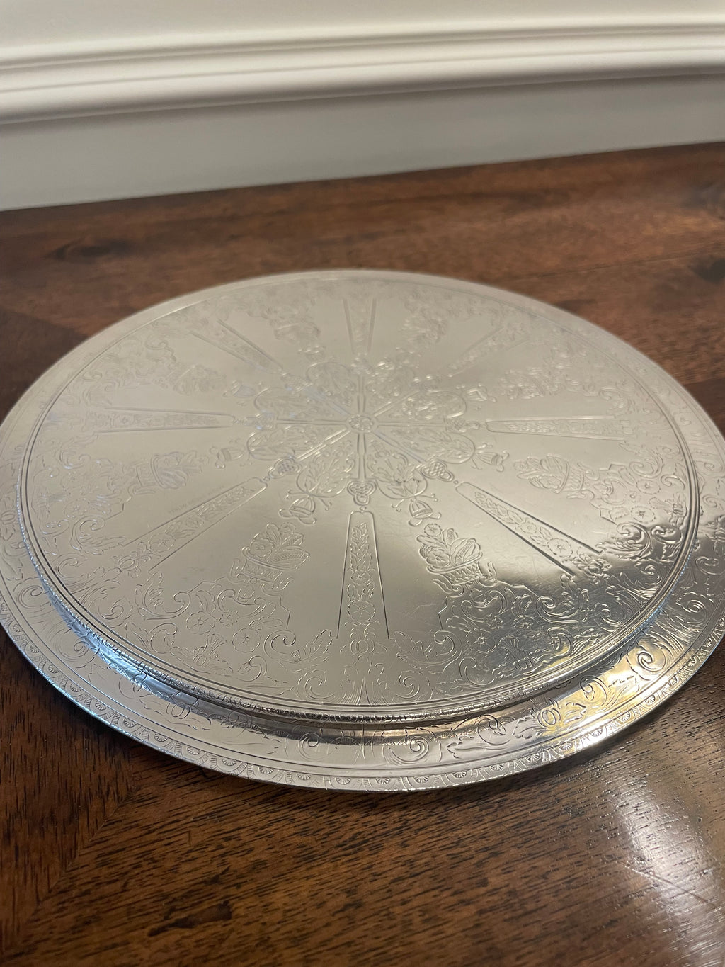Rare pair Swedish silverplate etched hot pad/trivet for tabletop serving (smaller is 7.5 inches wide, larger is 9 inches)