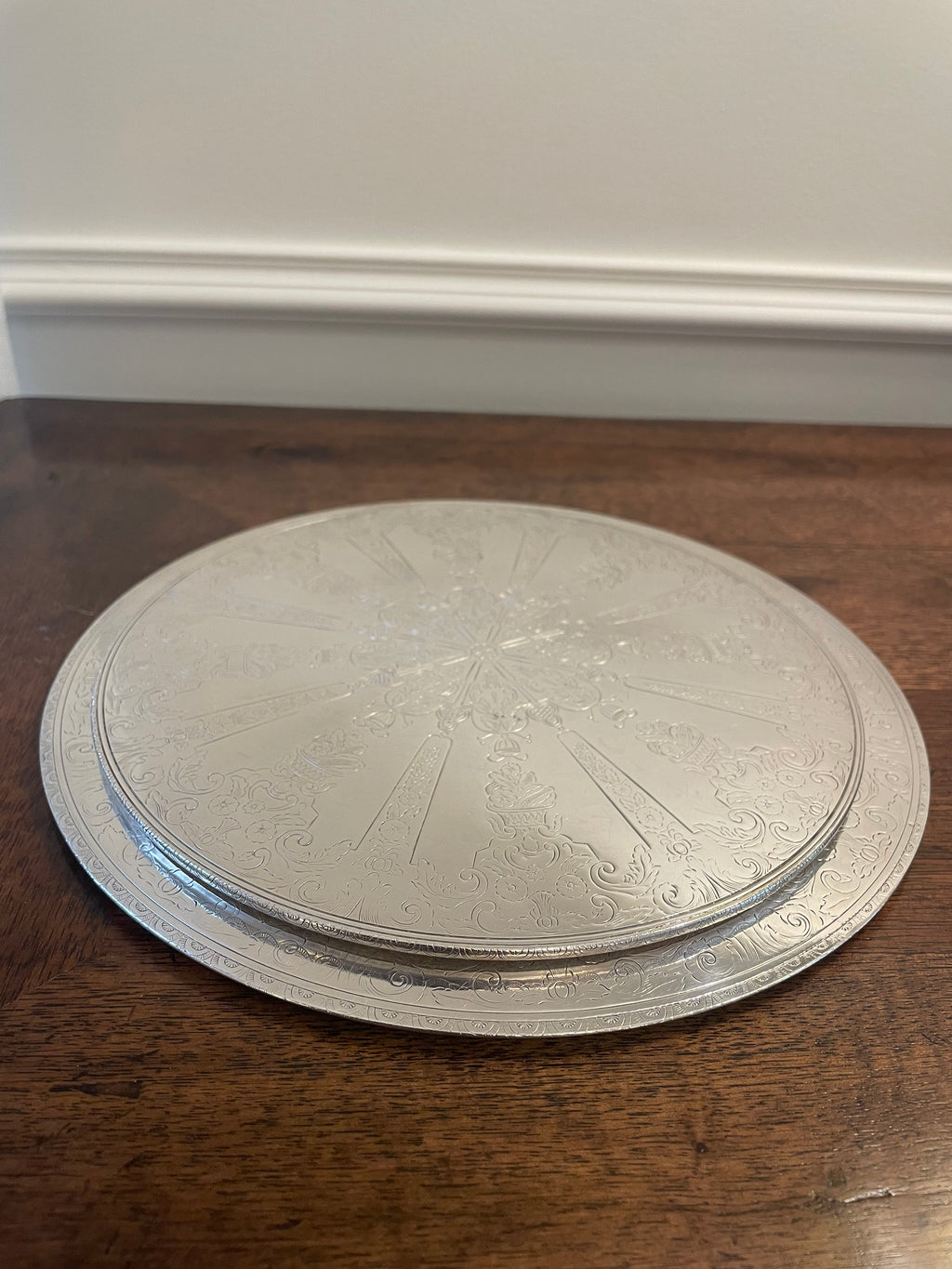 Rare pair Swedish silverplate etched hot pad/trivet for tabletop serving (smaller is 7.5 inches wide, larger is 9 inches)