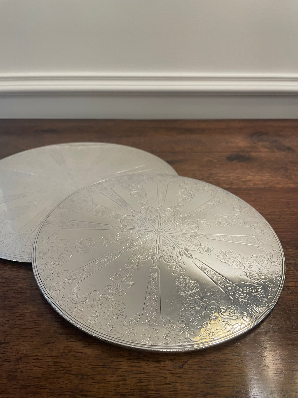 Rare pair Swedish silverplate etched hot pad/trivet for tabletop serving (smaller is 7.5 inches wide, larger is 9 inches)