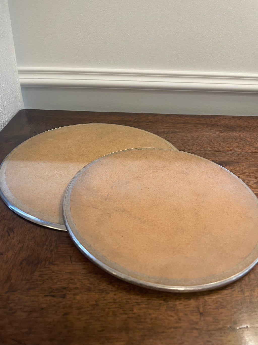 Rare pair Swedish silverplate etched hot pad/trivet for tabletop serving (smaller is 7.5 inches wide, larger is 9 inches)