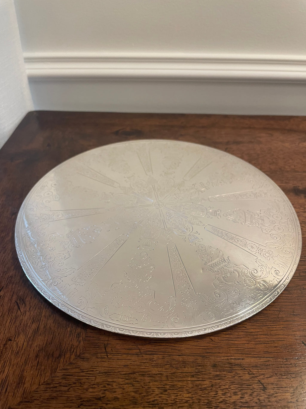 Rare pair Swedish silverplate etched hot pad/trivet for tabletop serving (smaller is 7.5 inches wide, larger is 9 inches)